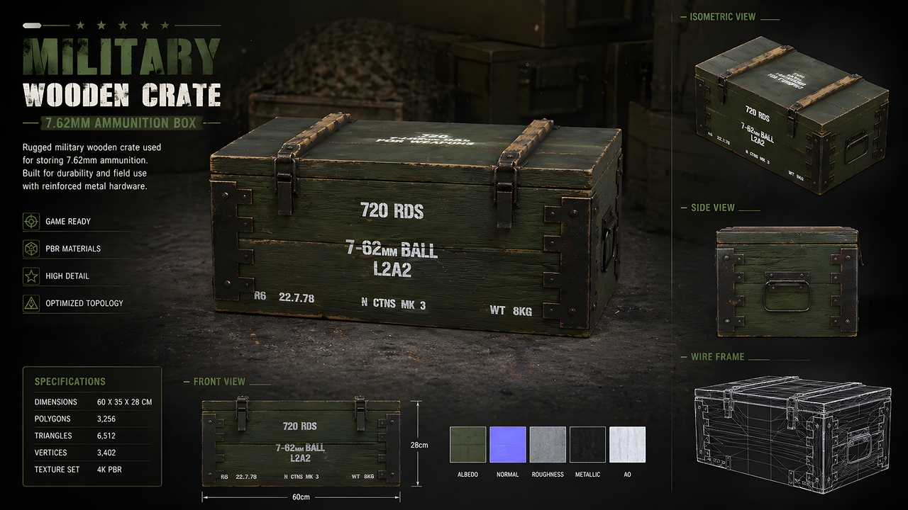 Media 1 for listing Military Wooden Ammo Crate – High-Detail PBR 3D Asset (7.62mm Storage Box)
