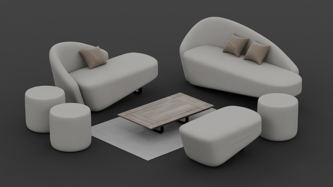 Media 1 for listing Asymmetric Curved Chaise Sofa Set Furniture with Walnut Table and Poufs