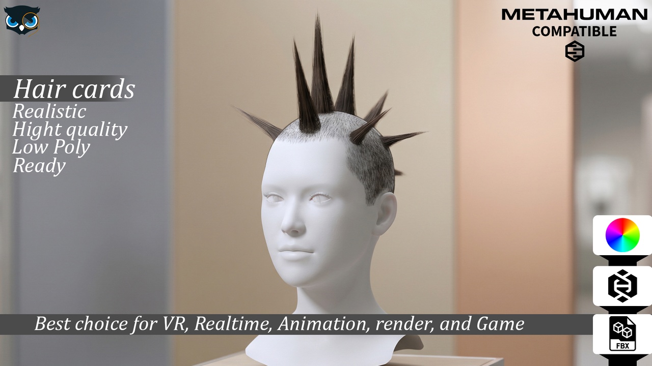 Media 1 for listing Punk Liberty Spikes Mohawk Hair Cards MetaHuman Compatible