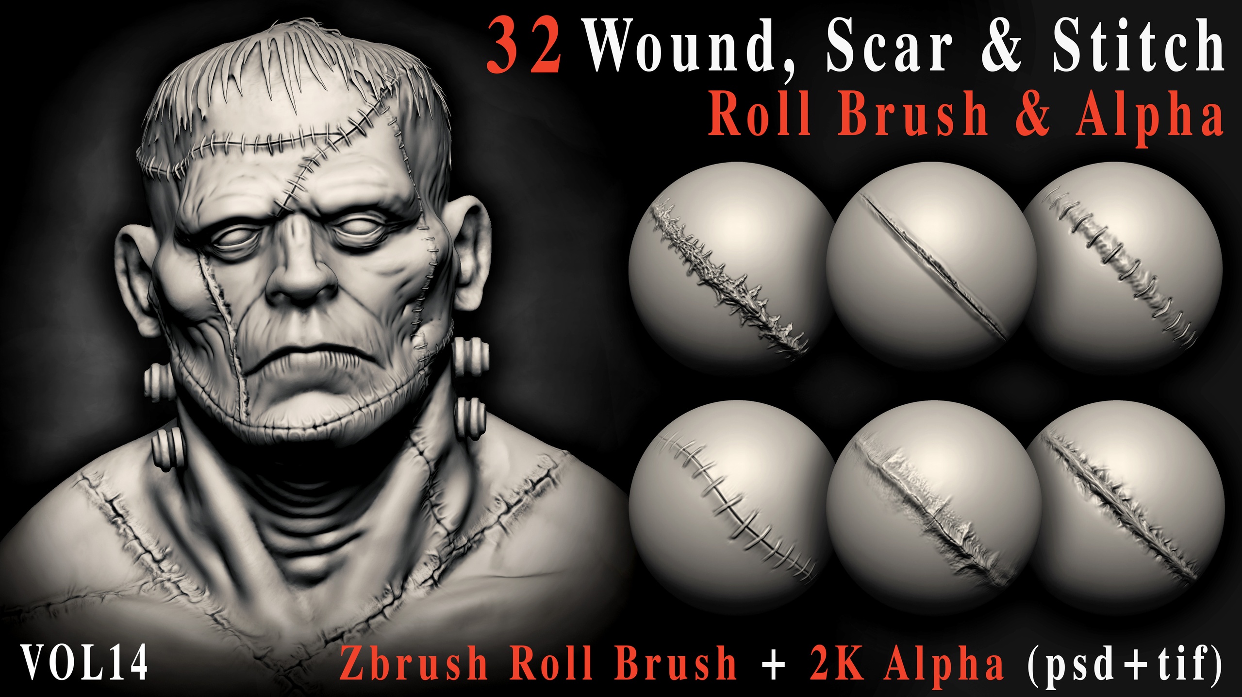 Media 1 for listing 32 Wound, Scar & Stitch Roll Brushes + Alphas – Vol14