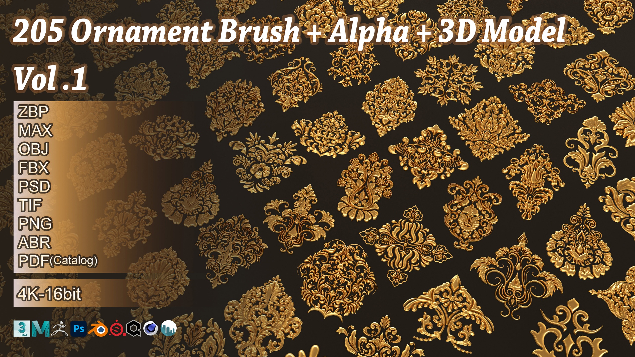 205 Ornament Brush + Alpha + 3D Model Vol 1 (Damask) | Fab
