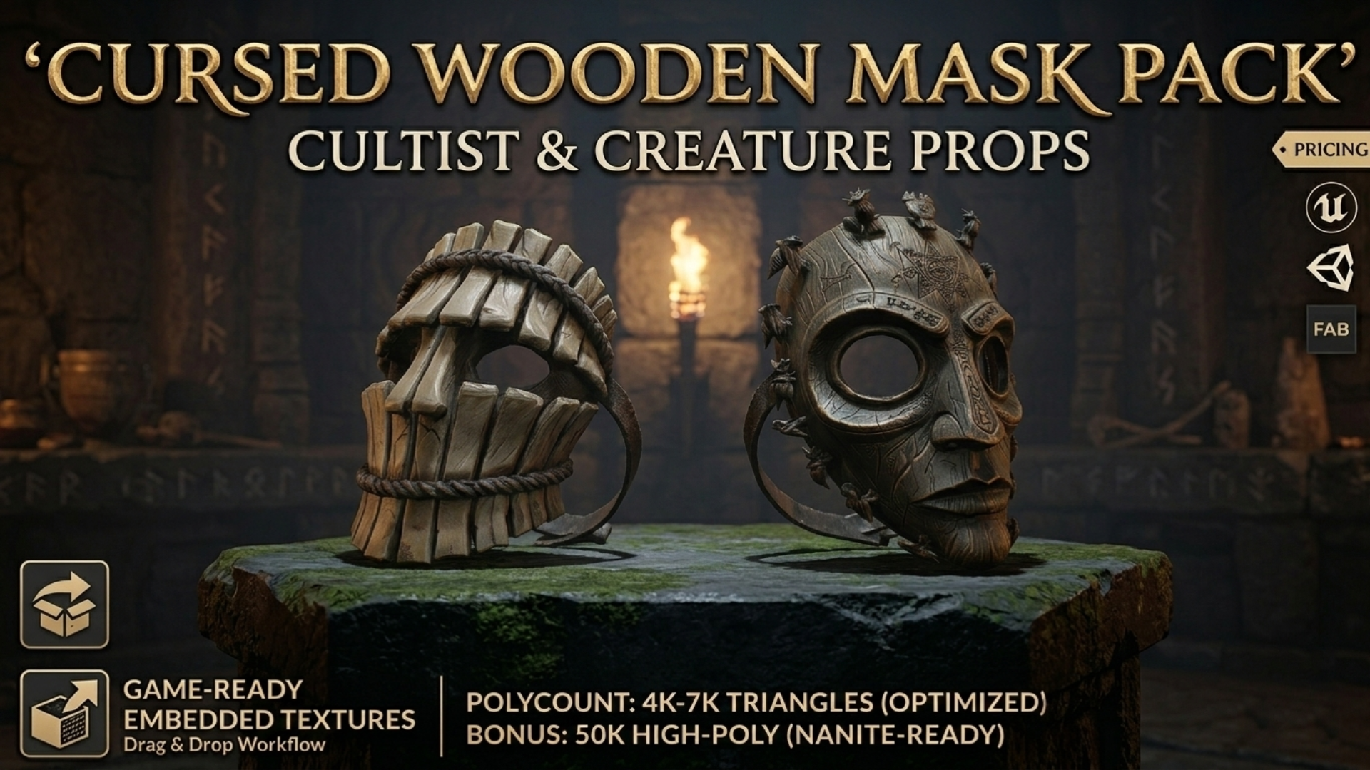 Cursed Wooden Masks Pack - Cultist & Creature Props (Game-Ready) | Fab