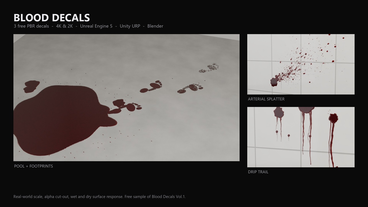 Media 1 for listing Blood Decals - 3 Free Realistic PBR Decals (4K) - Splatter, Drips, Pool