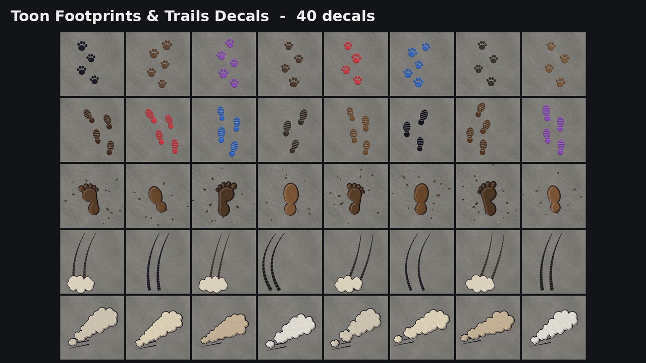 Media 1 for listing Toon Footprints & Trails Decals - 40 Pack for Unity & Unreal