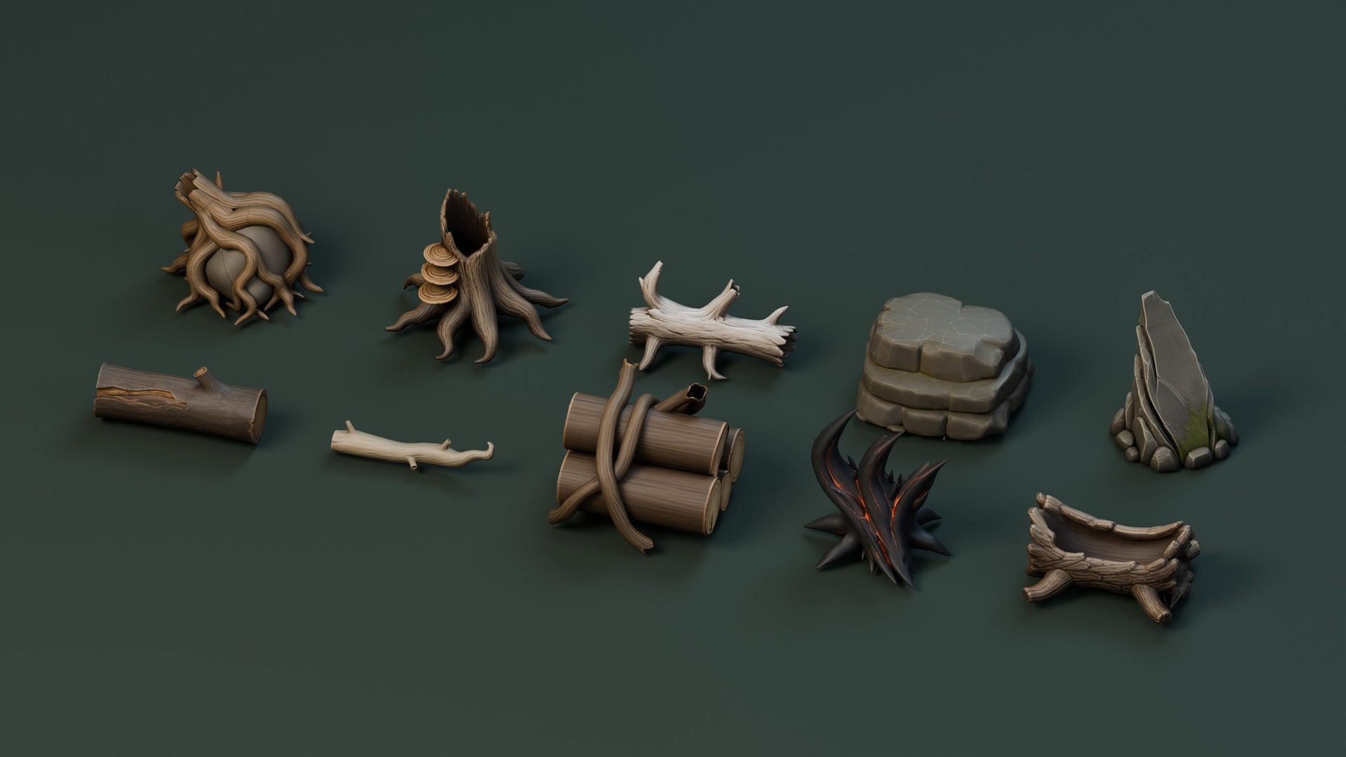 Media 1 for listing Stylized Stumps, Logs & Bark Pack – 10 Models