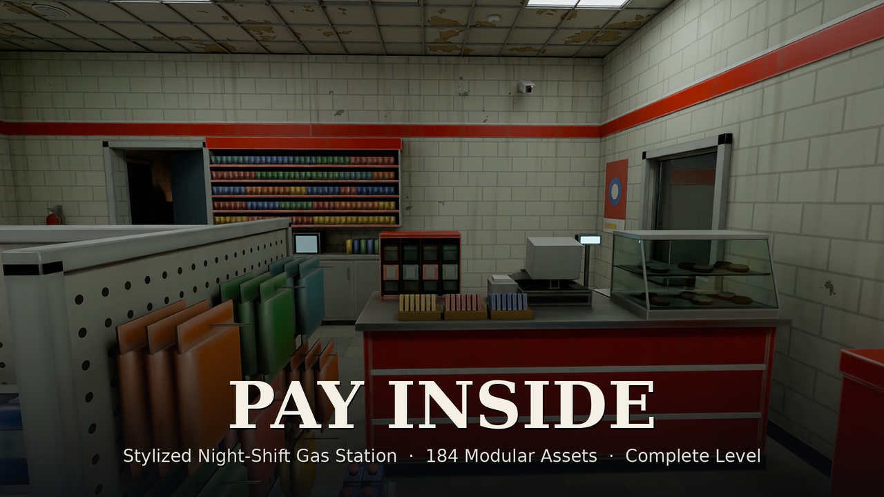 Media 1 for listing PAY INSIDE — Stylized Night-Shift Gas Station (Modular Horror Environment)