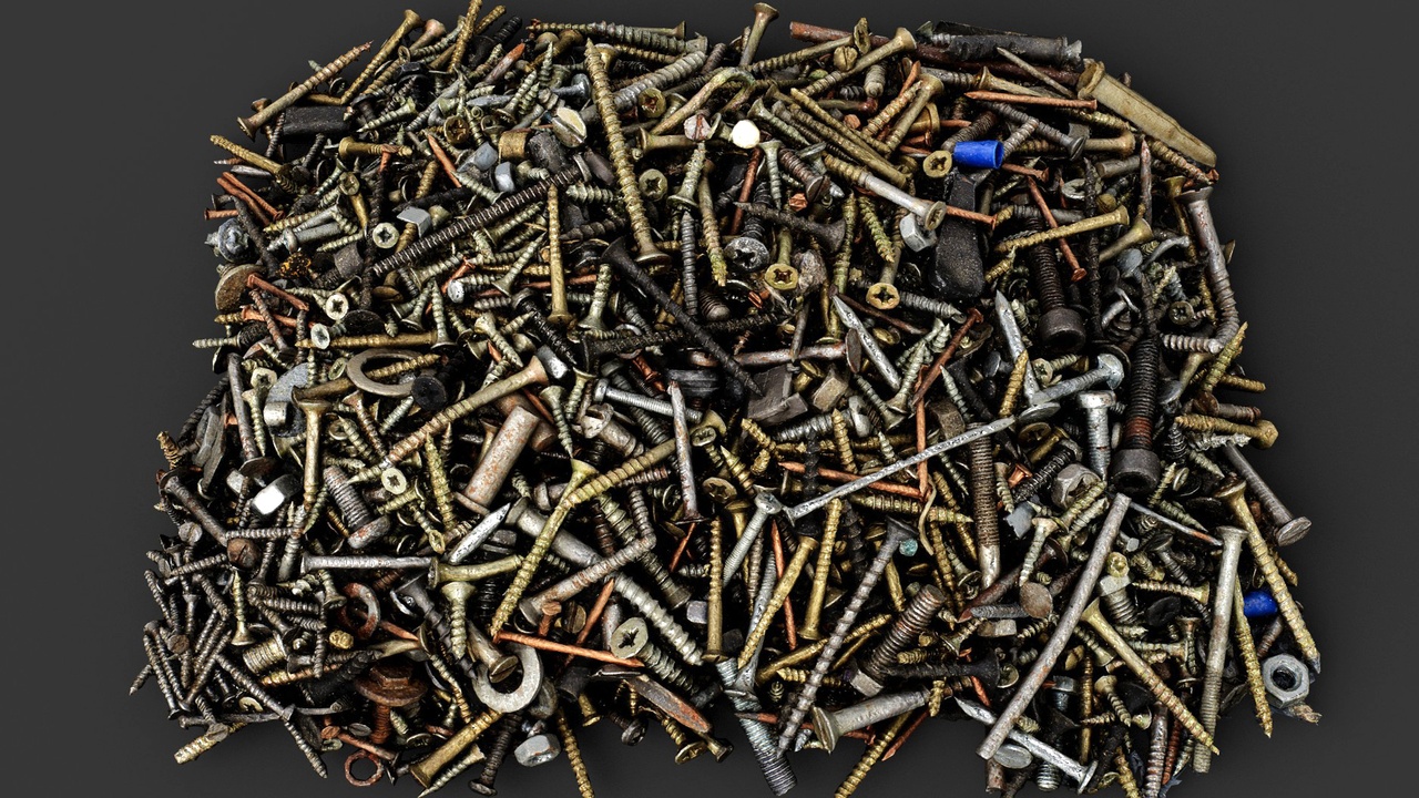Media 1 for listing metal debris pile bolts screws parts PBR photogrammetry