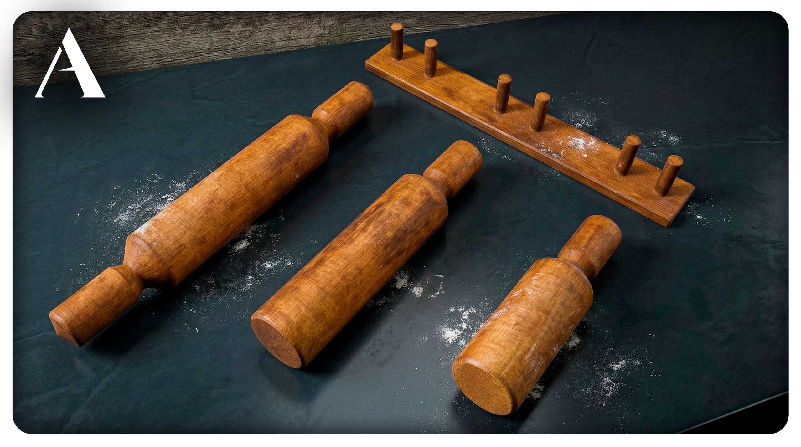 Media 1 for listing Wooden Rolling Pin Set, 3 Vintage Pins + Wall Rack | Game_Ready Kitchen Pack