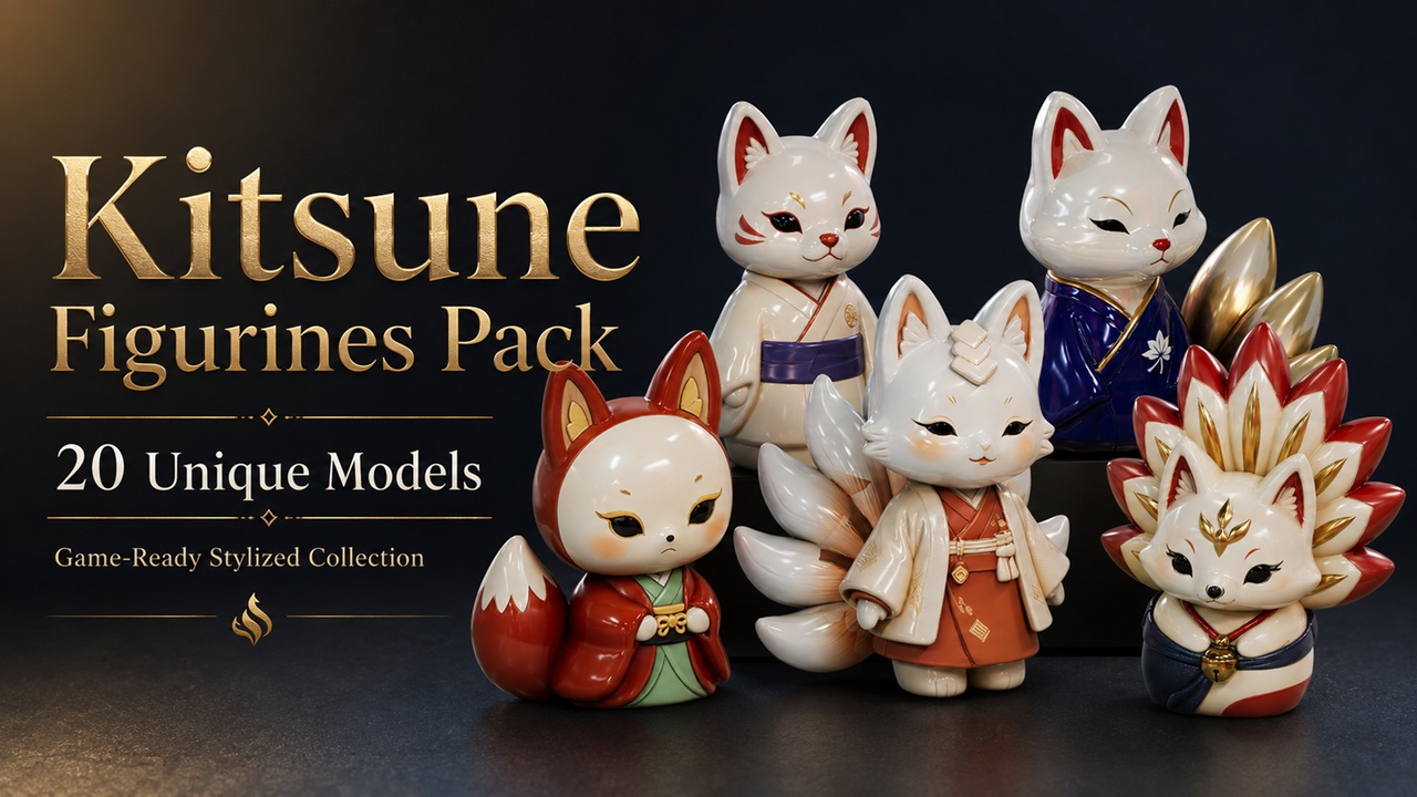 Media 1 for listing Stylized Japanese Kitsune Figurines Pack - 20 Asset Pack