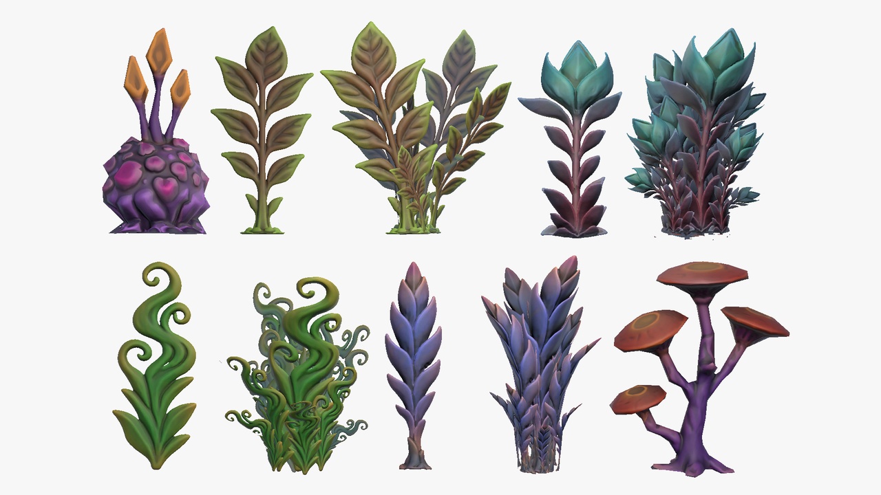 Media 1 for listing Stylized Sci-Fi Cyberpunk Alien Plants Vegetation Herb Grass Flower Mushroom