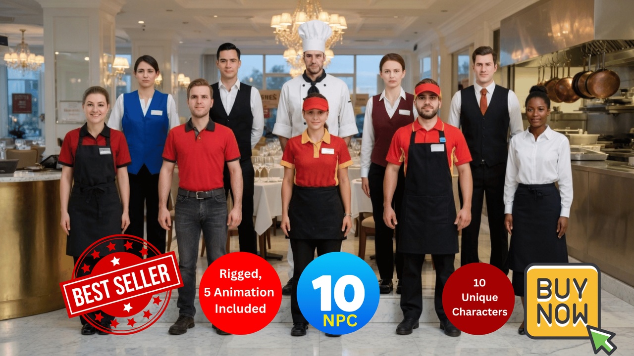 Media 1 for listing NPC Pack 10 Rigged Restaurant Hotel Characters Game Ready