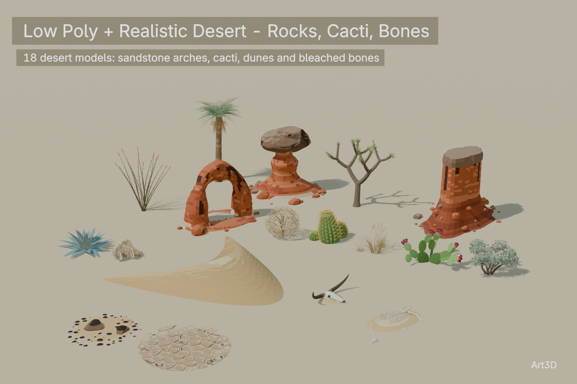 Fea Triangles Low Poly + Realistic Desert - Rocks, Cacti, Bones | Fab