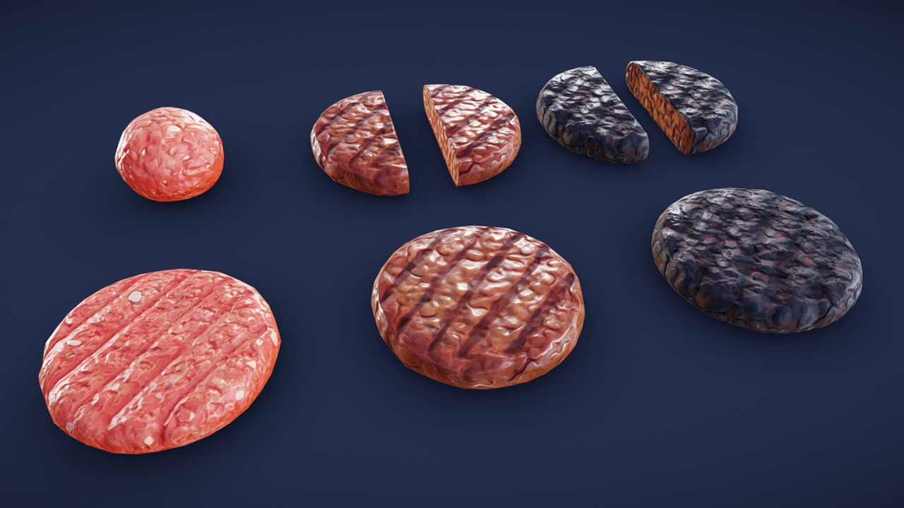 商品 Stylized Burger Patty: Raw, Grilled, Burned - Game Ready 的媒体 1