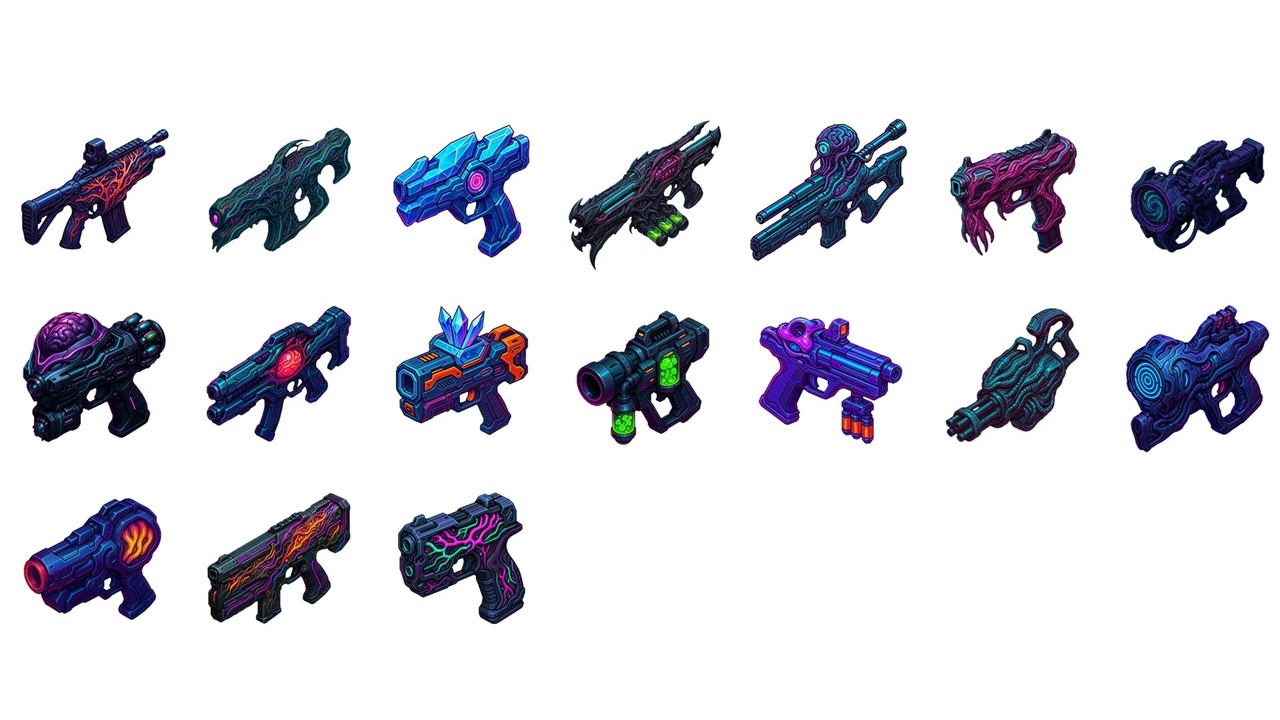 Media 1 for listing Cyber Weapons Pack Vol.4– Neon Hard Surface (170 Sci-Fi Guns & Gear)