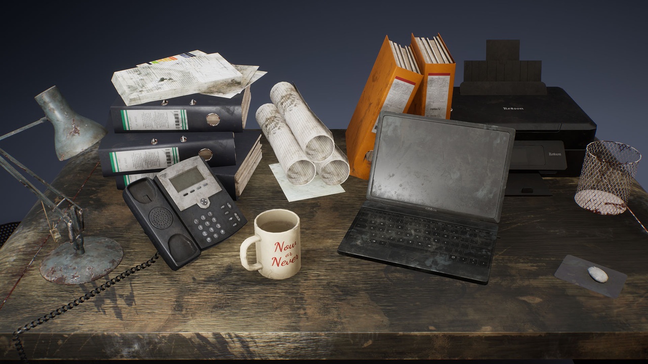 Media 1 for listing Dirty office accessories (a laptop, folders, a printer, a phone, papers etc.)
