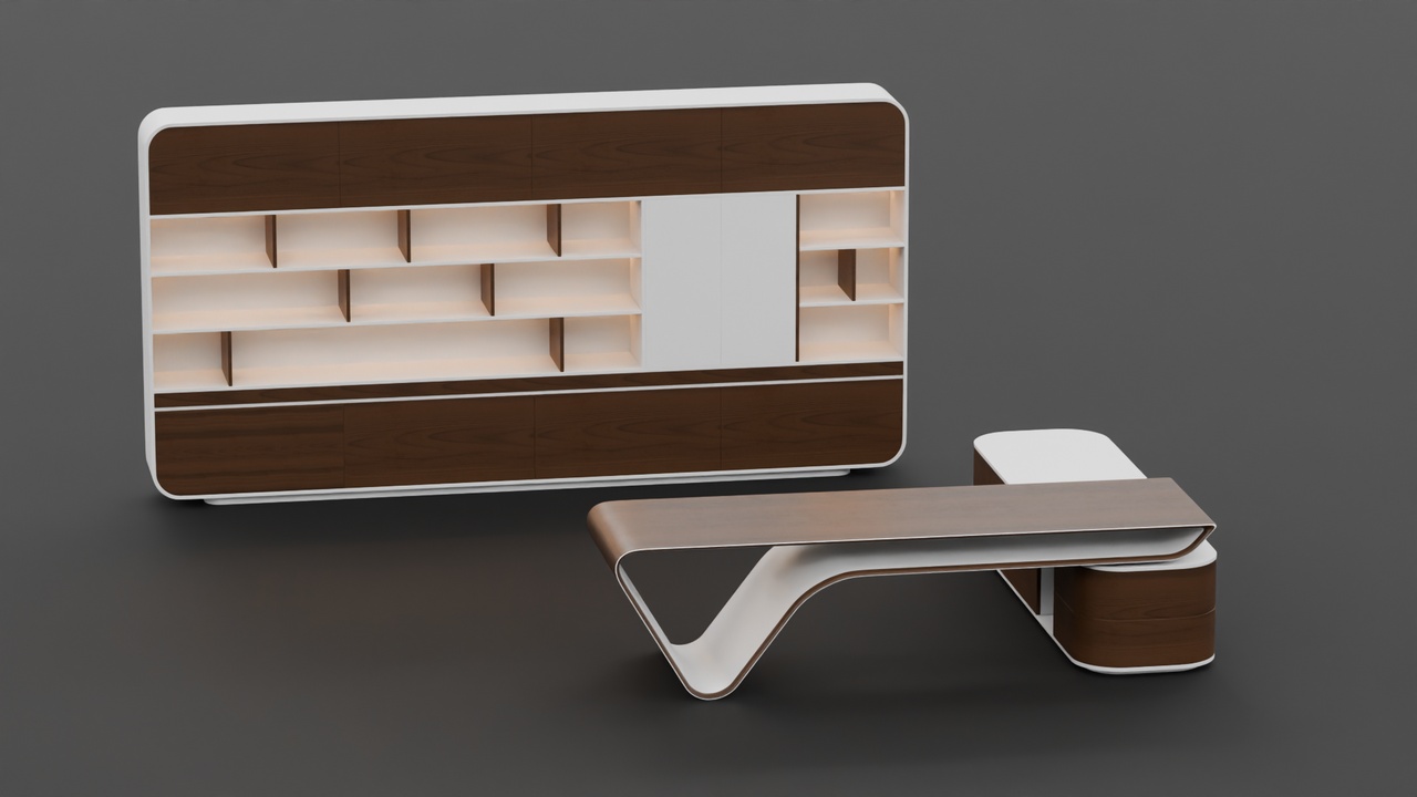 Media 1 for listing Sculptural L-Shaped Executive Desk & Display Cabinet (Walnut & Off-White Shell)