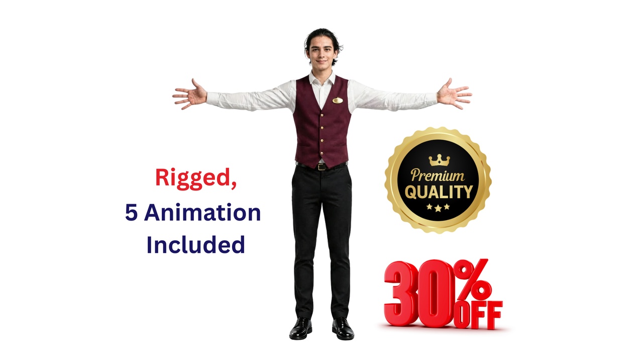Media 1 for listing Realistic Rigged Male Movie Theater Usher Character - 5 Animations PBR