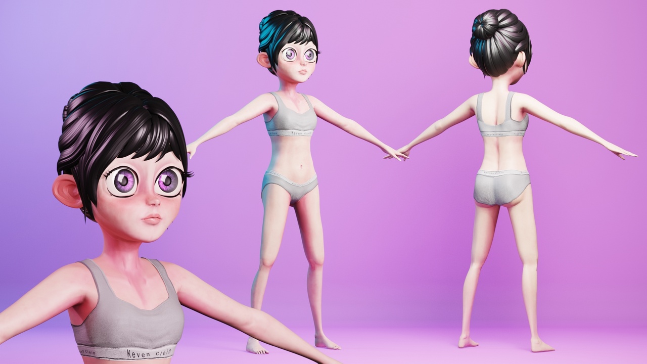 Media 1 for listing Stylized Cartoon Tween Girl Rigged Base Mesh 3D Character