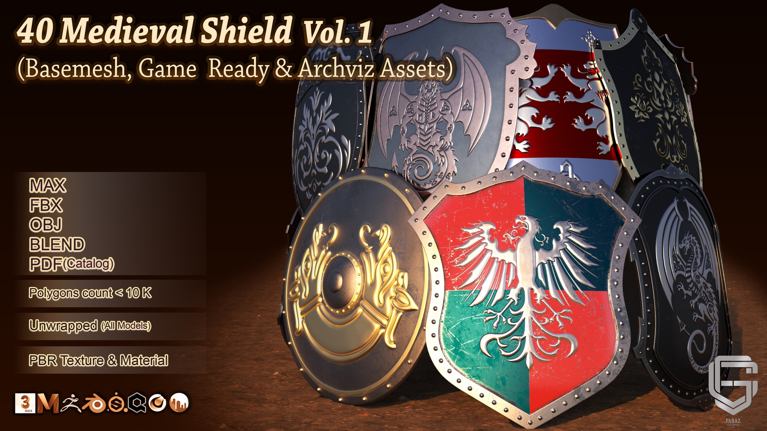 Media 1 for listing 40 Medieval Shields Vol . 1 (Game Ready & Archviz Assets)
