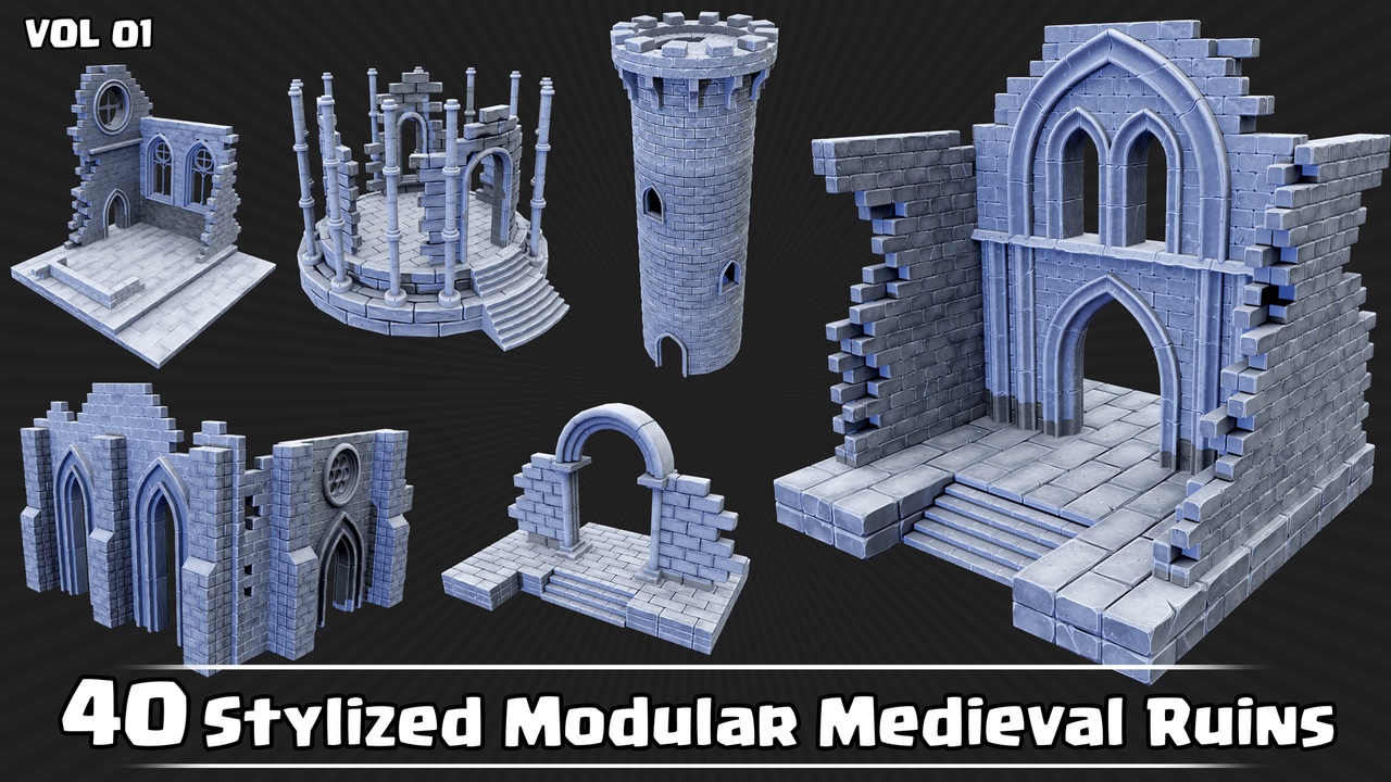 الوسائط 1 للقائمة 40 Stylized Modular Medieval Ruins