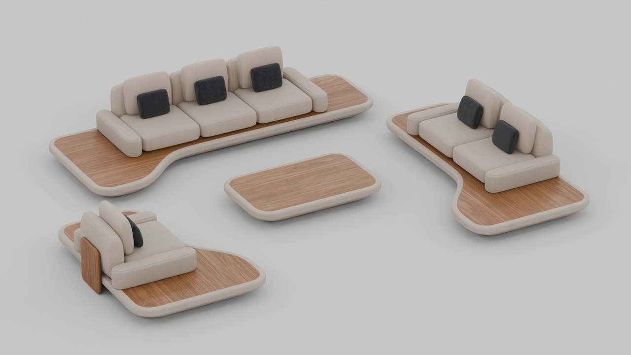 Media 1 for listing Futuristic Zen Modular Sofa Set Furniture with Integrated Wood Platform Trays