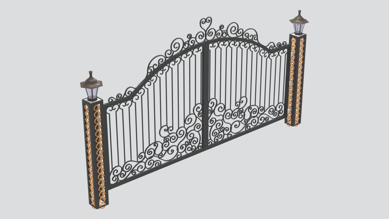 Media 1 for listing Ornate Wrought Iron Gate with Lantern Posts 3D Model