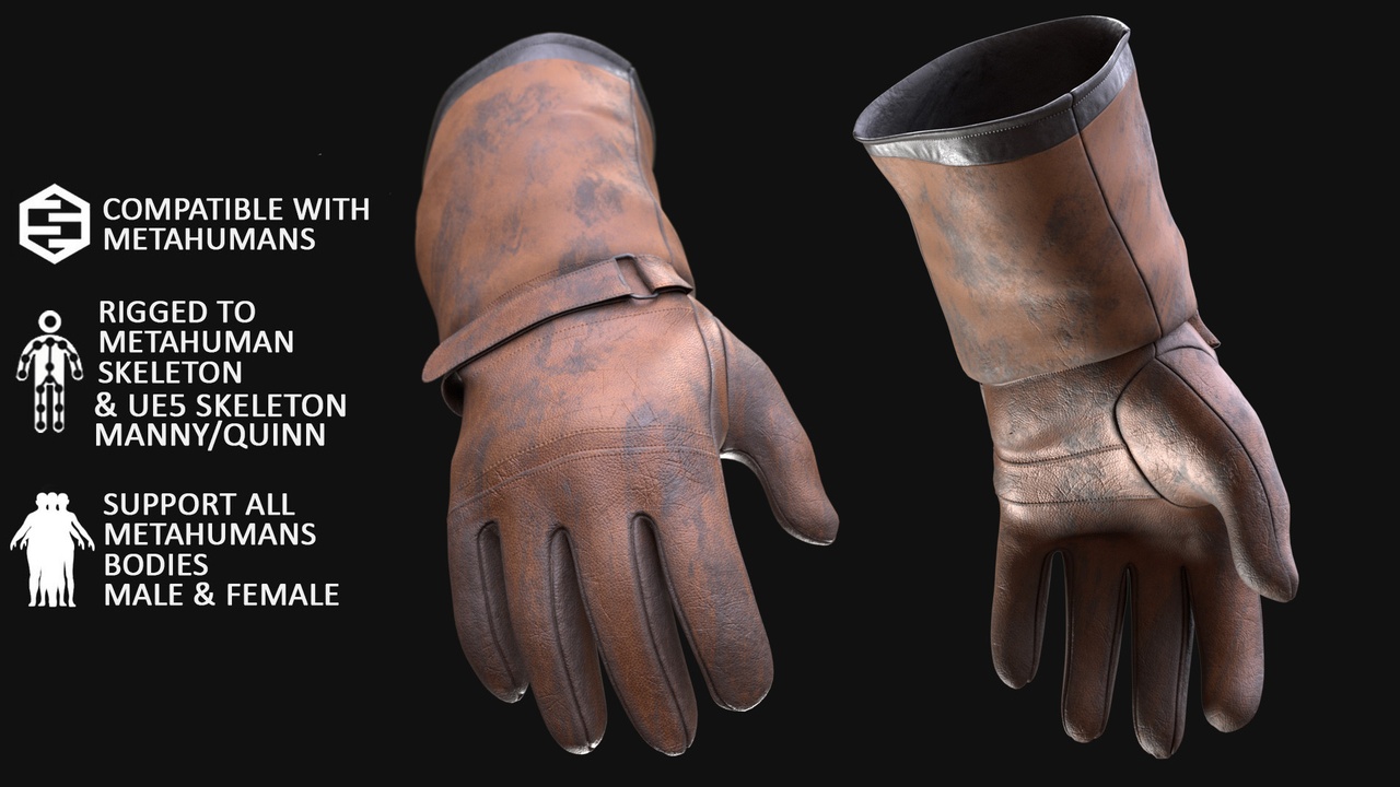 Media 1 for listing Work gloves for Metahuman 3D model 146 - MH & UE5 Skeletons - Rigged