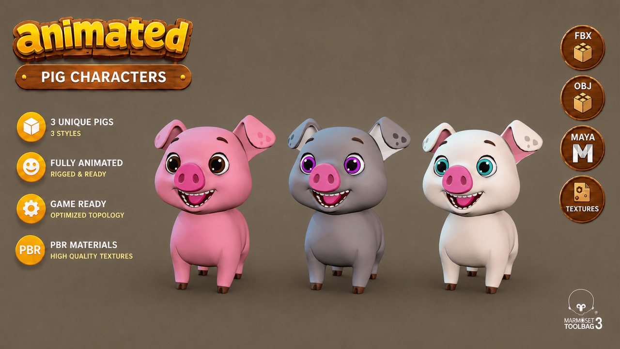 Media 1 for listing Animated Game Ready Pig Low-poly 3D model