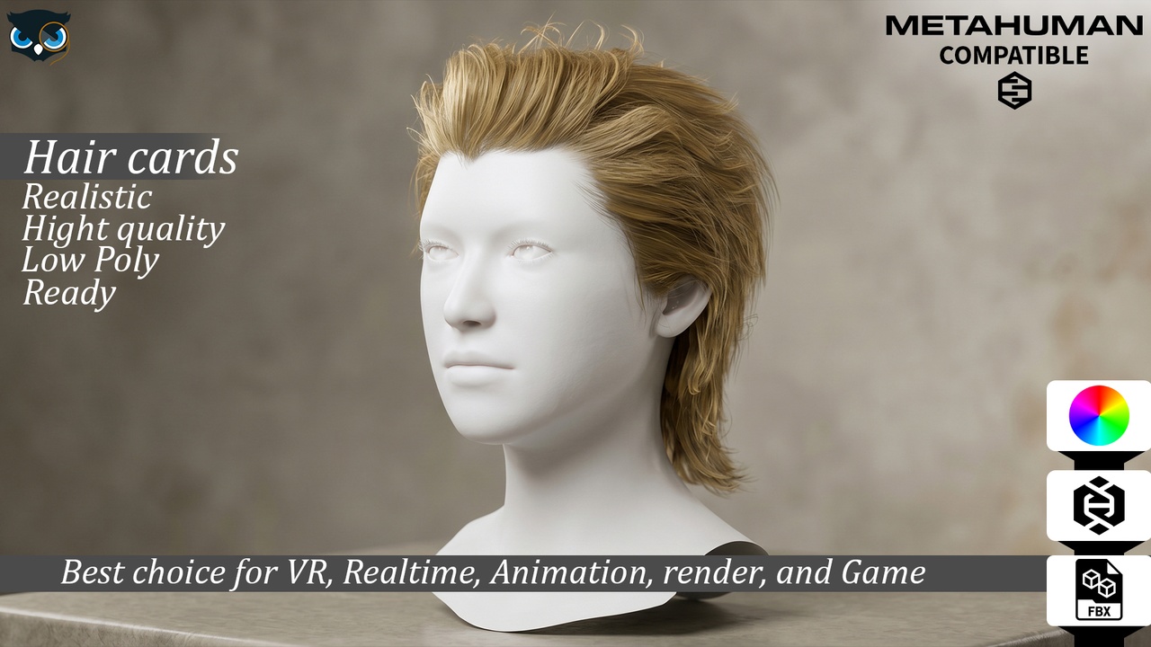 出品Realistic Shaggy Mullet Hair Cards  Low Poly Realtime Readyのメディア1