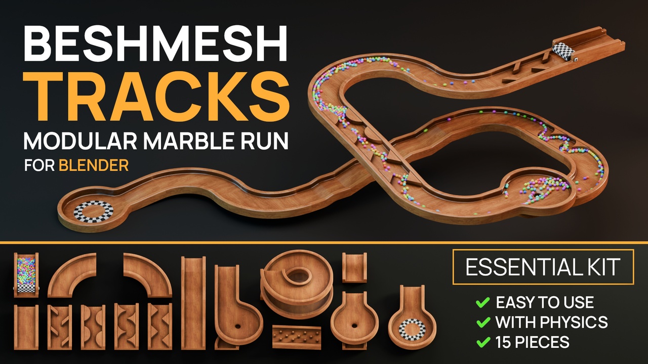 Media 1 for listing BeshMesh Tracks Essential Kit - Modular Marble Run Set For Blender
