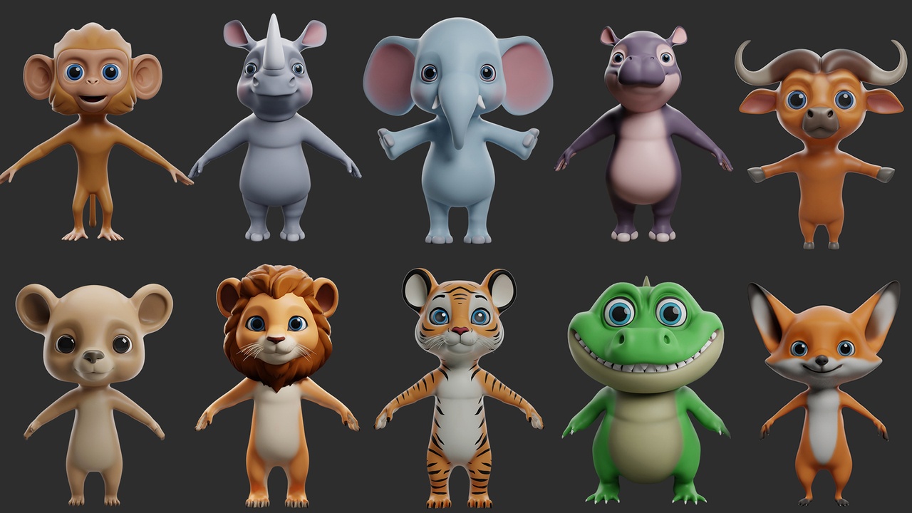 Media 1 for listing 🌻10 Wild Animals Cartoon - Topology + Uv Map