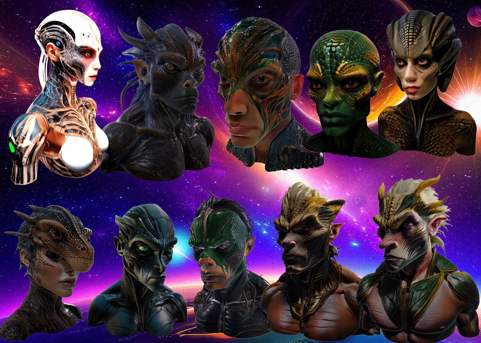 Media 1 for listing Alien Monster Head Pack Vol. 1 – Stylized 3D Creature Busts -Raw Mesh + Painted