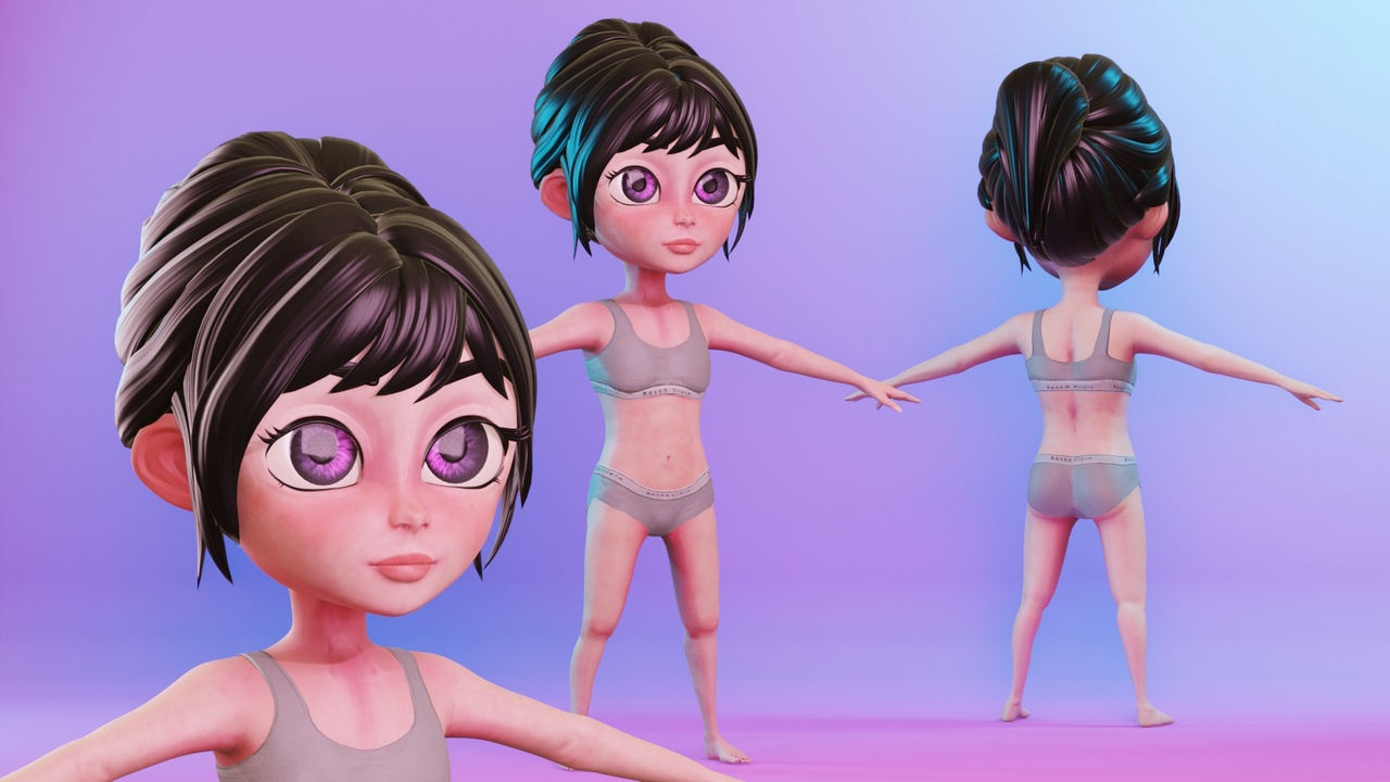 Media 1 for listing Stylized Cartoon Child Girl Rigged Base Mesh 3D Character
