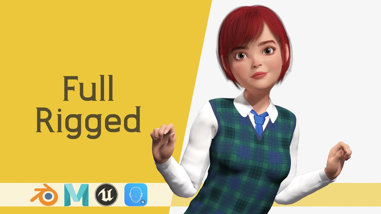 商品 Red Hair and School Outfit Rigged Stylized High School Girl 3D Model 的媒体 1