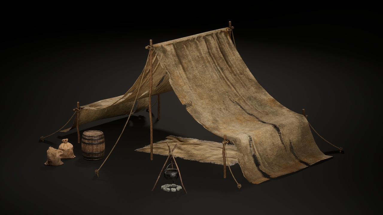 Media 1 for listing Medieval Camp Assets - Tent, Barrel, Sacks, Fireplace with tripod and cauldron