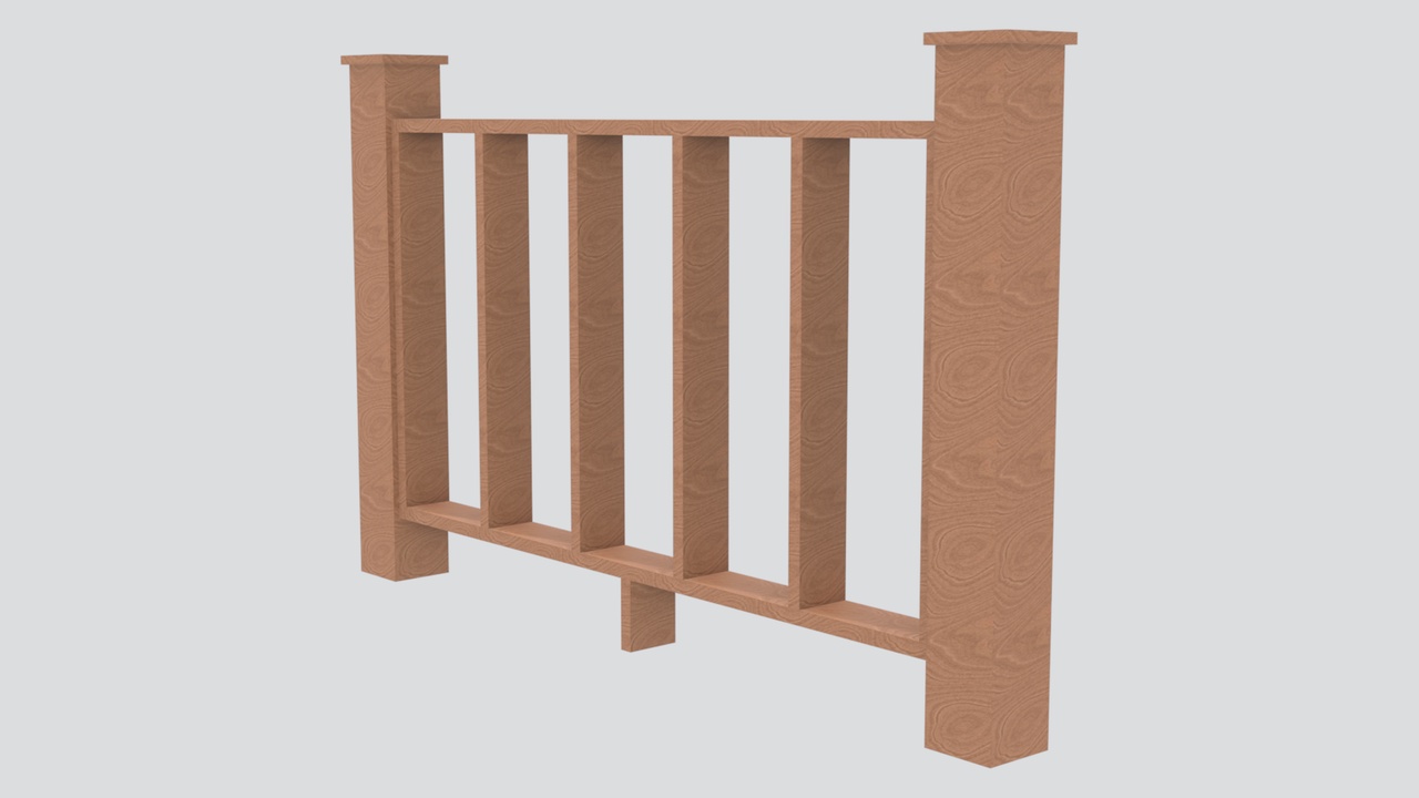 Media 1 for listing Pine Wood Railing with Five Full-Height Slats and Flat Caps 3D Model