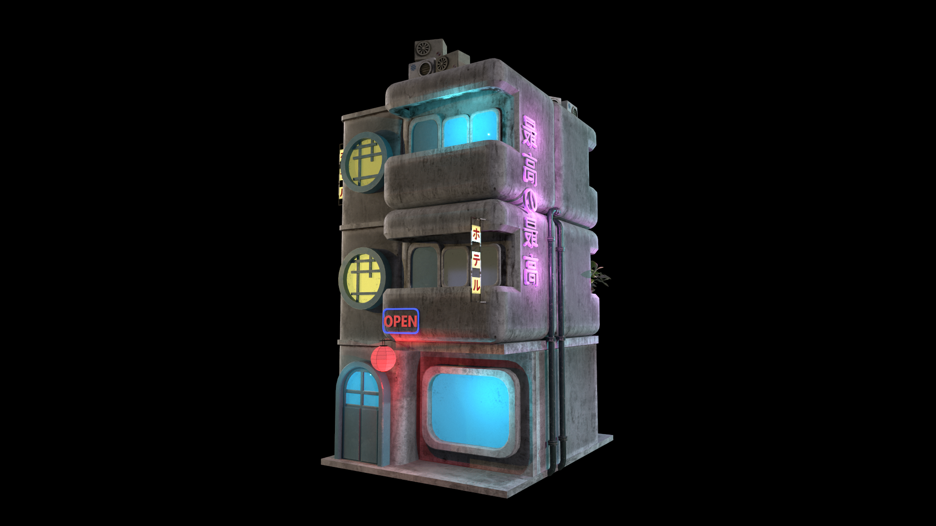 Stylized Handpainted Neo Tokyo Street Buildings Props For