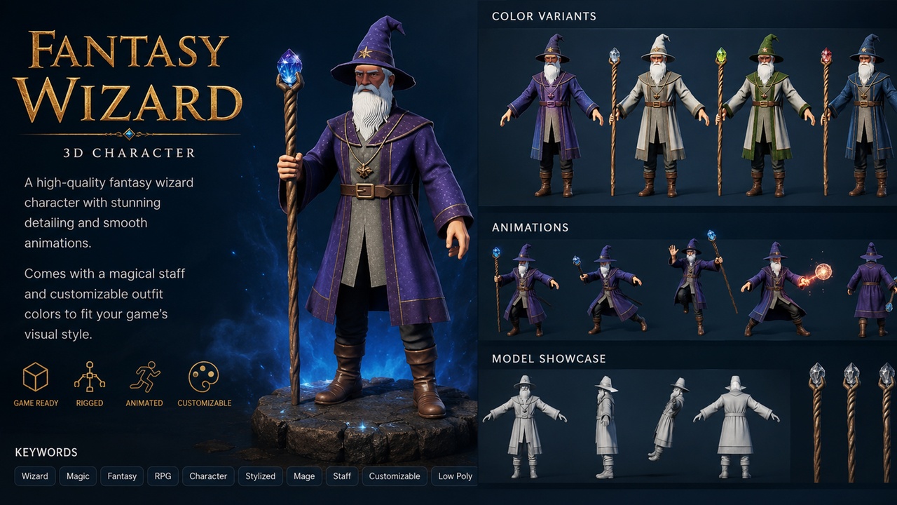 Media 1 for listing Stylized Fantasy Wizard | UE5 Mannequin Rig- Animated Character