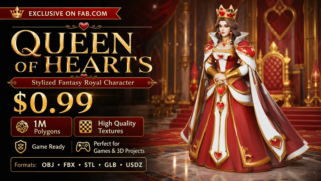 Media 1 for listing Queen of Hearts | Stylized Fantasy Royal Character | Game Ready | Static