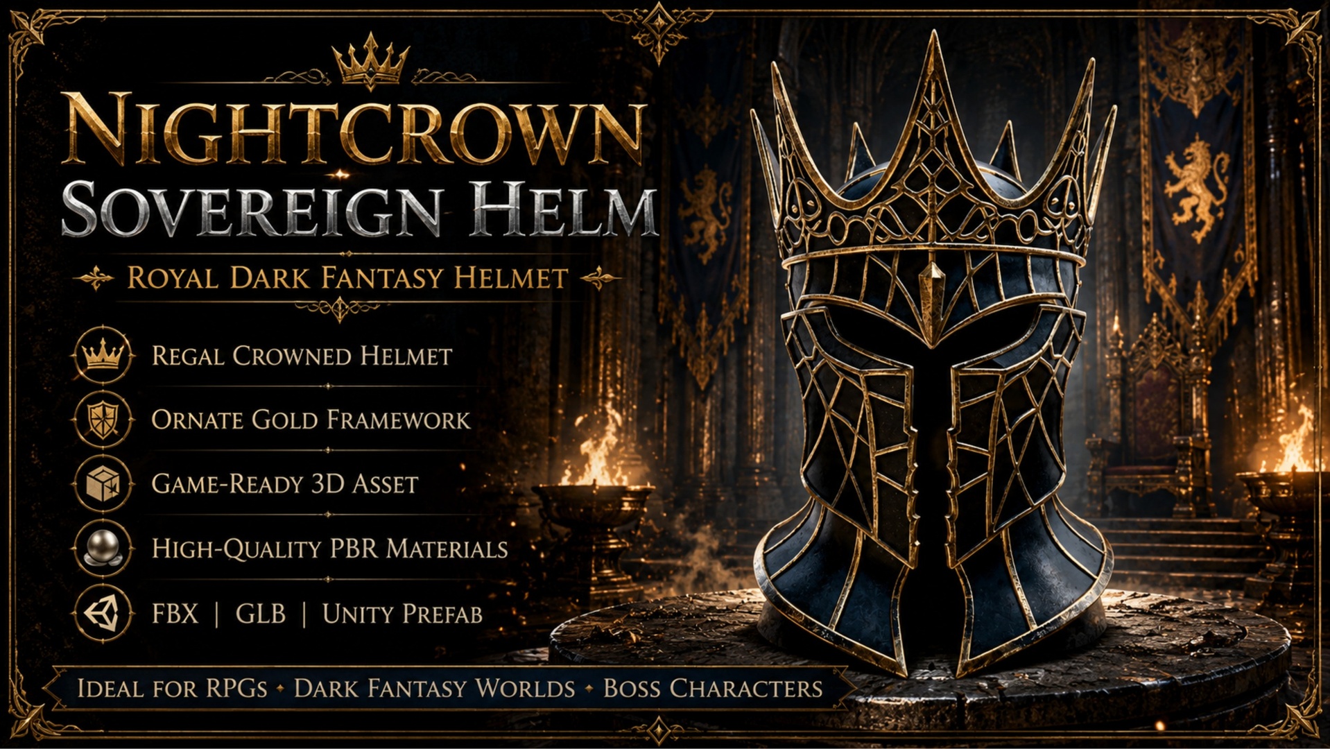 Media 1 for listing Nightcrown Sovereign Helm – Royal Dark Fantasy Knight Helmet