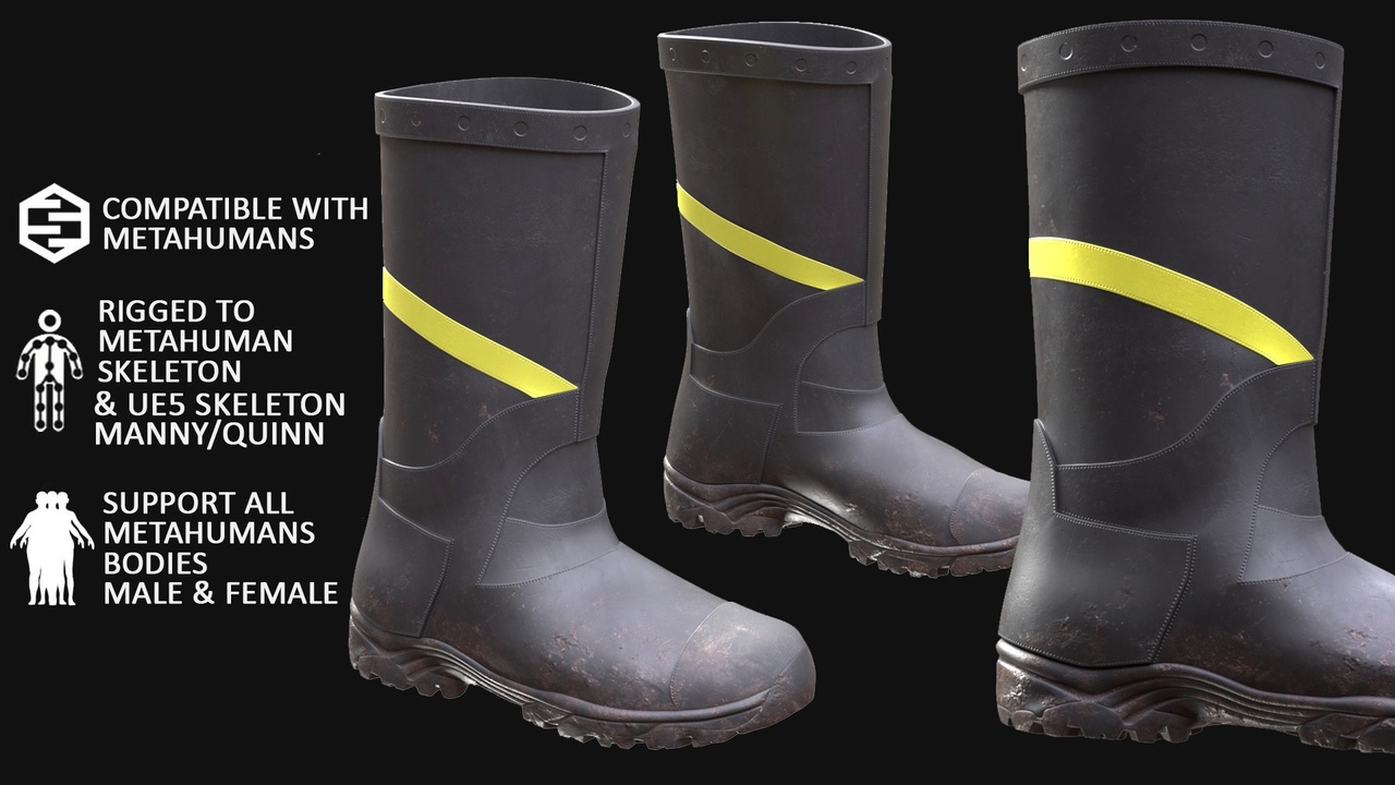 Media 1 for listing Firefighter Boots for Metahuman 3D model 107 - MH & UE5 Skeletons - Rigged