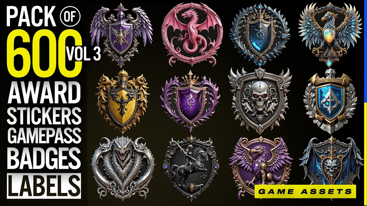 Media 1 for listing Vol3 Pack of 600 Game Pass: Badges, Labels, Awards, Emblems, Medals, Signs, Logo