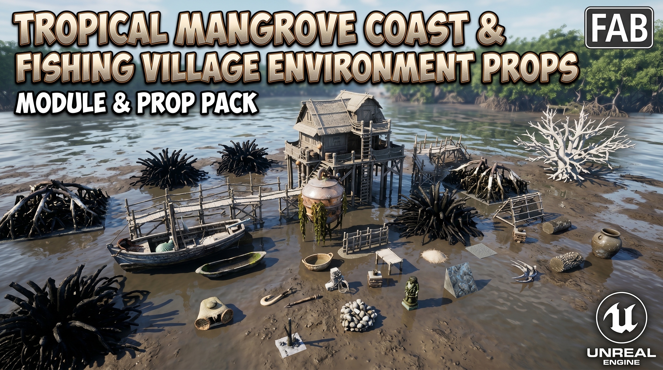 Tropical Mangrove Coast & Fishing Village Environment Props | Fab
