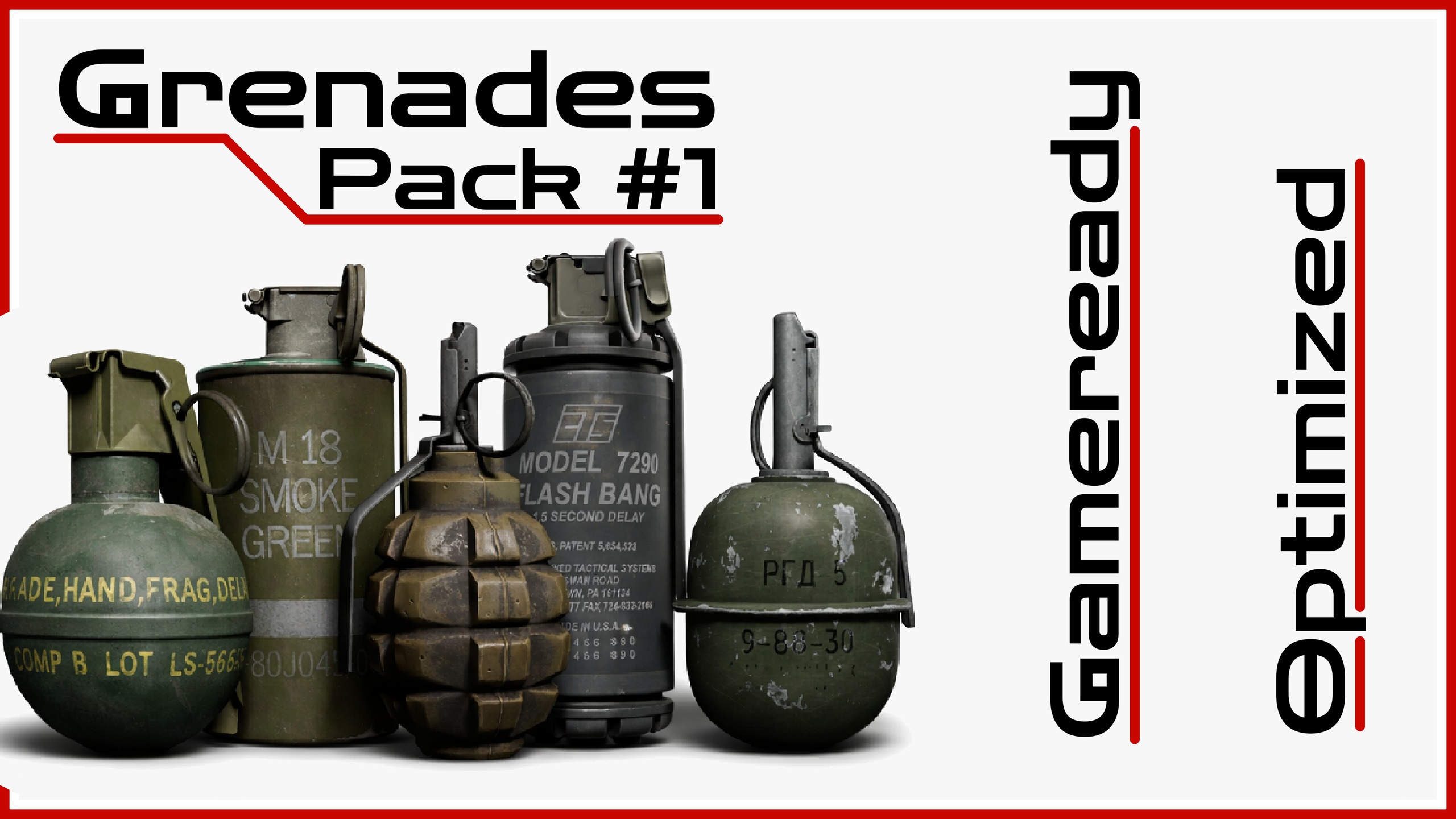 Media 1 for listing Grenade Pack – Frag, Smoke & Flashbang | 5 Modular FPS Props | Game Ready