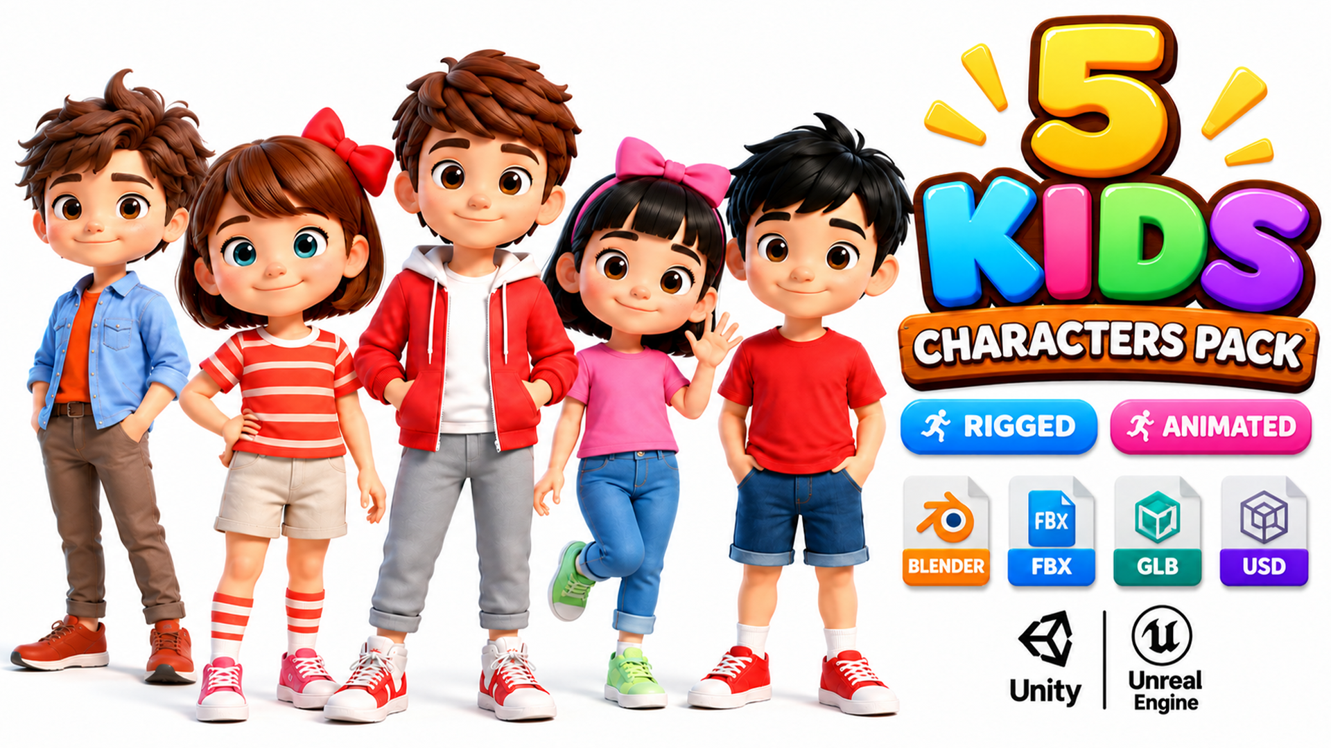 Run Jump Timing Animation Pack of 5 Stylized Kids Characters – Rigged & Animated Cartoon Boys ...