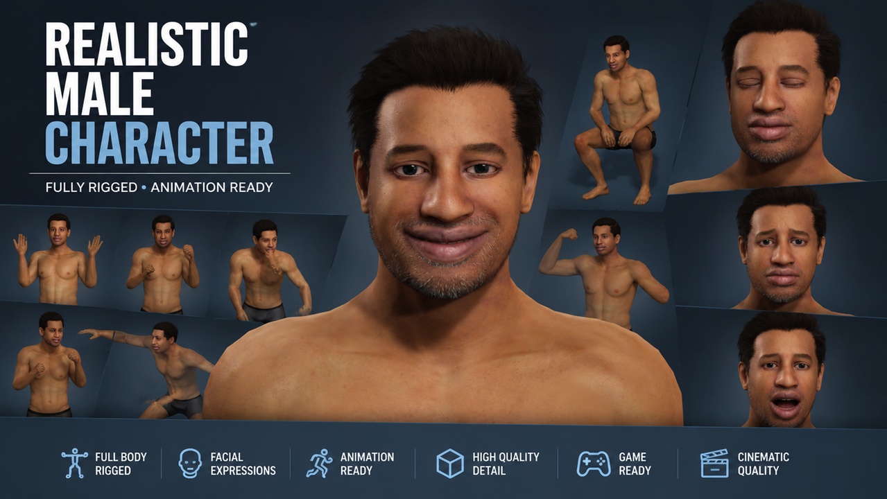 Media 1 for listing Animated Realistic Man  Model  Full Body Face Rigged动态写实男子模型 骨骼身体与面部全绑定 面部表情