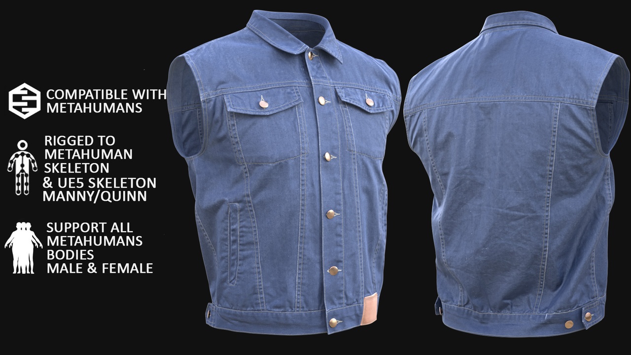 Media 1 for listing Denim Vest Metahuman 3D model 51 - MH & UE5 Skeletons - Rigged