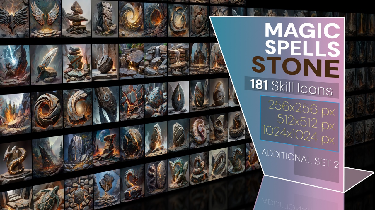 Media 1 for listing 181 additional magical spell icons themed around - Stone. Pack 2