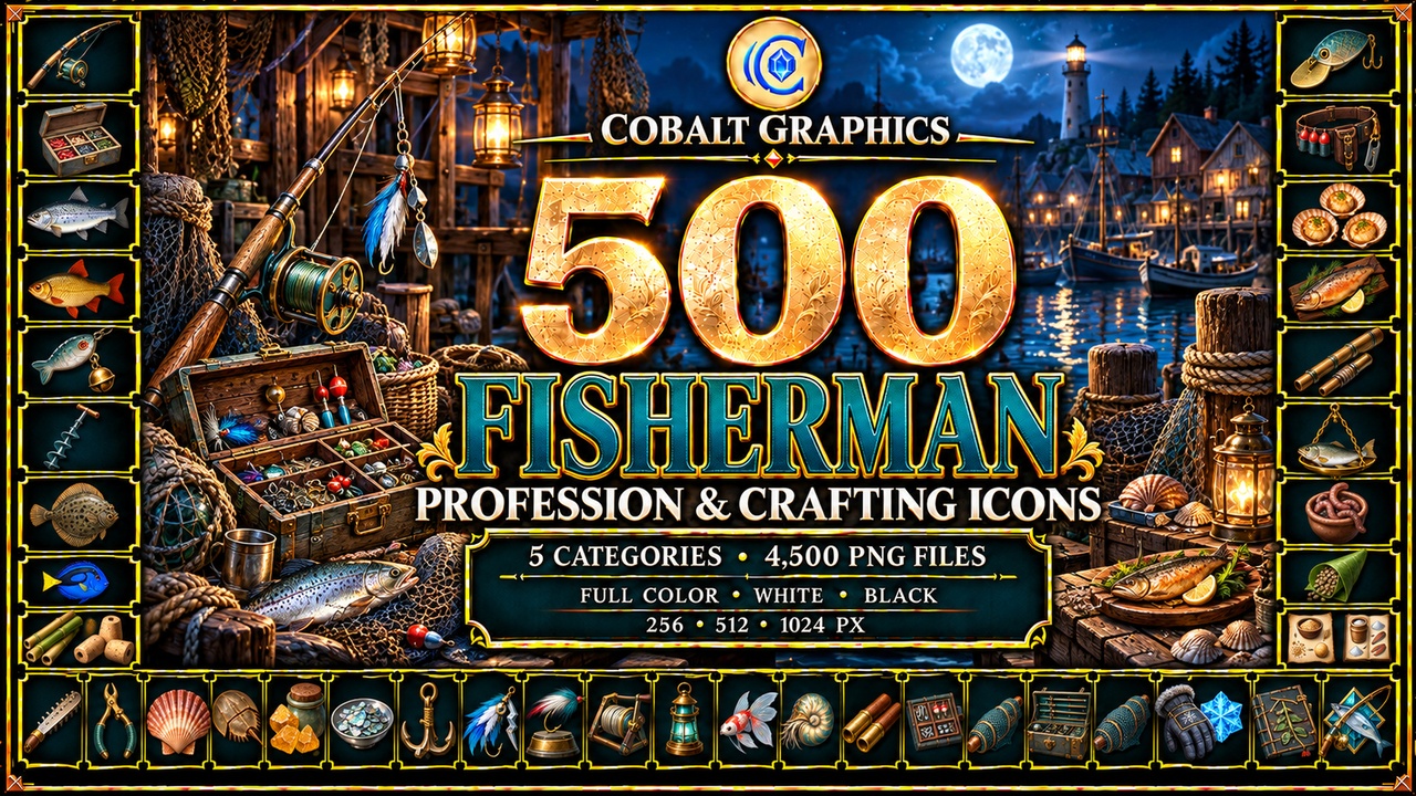 Media 1 for listing 500 Fisherman Profession Icons | RPG Fish, Tackle & Crafting Materials