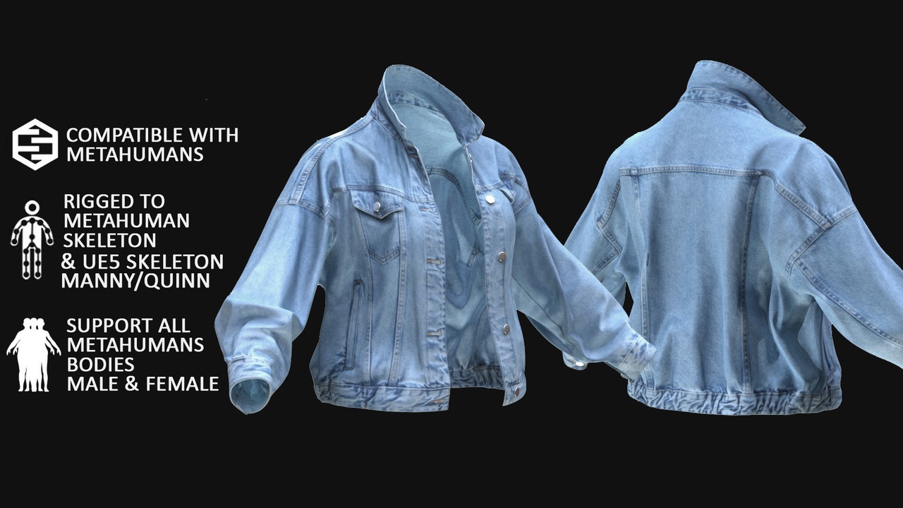 Media 1 for listing Denim Jacket Metahuman 3D model 183 - MH & UE5 Skeletons - Rigged